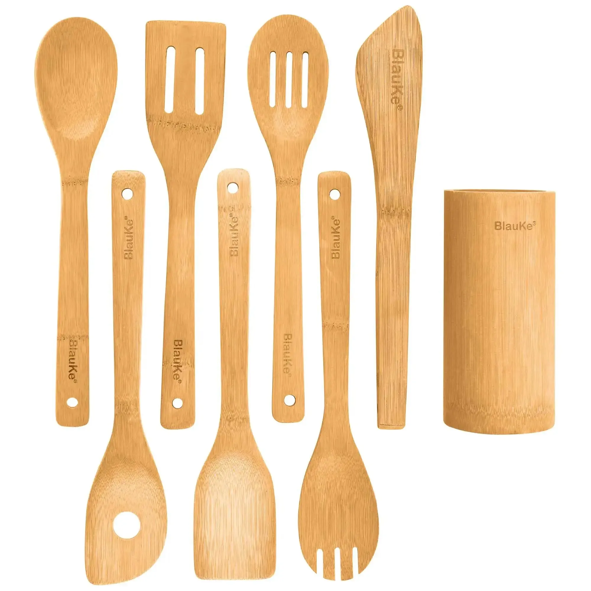 Bamboo Kitchen Utensils Set 8-Pack - Nonstick Wooden Cooking Tools