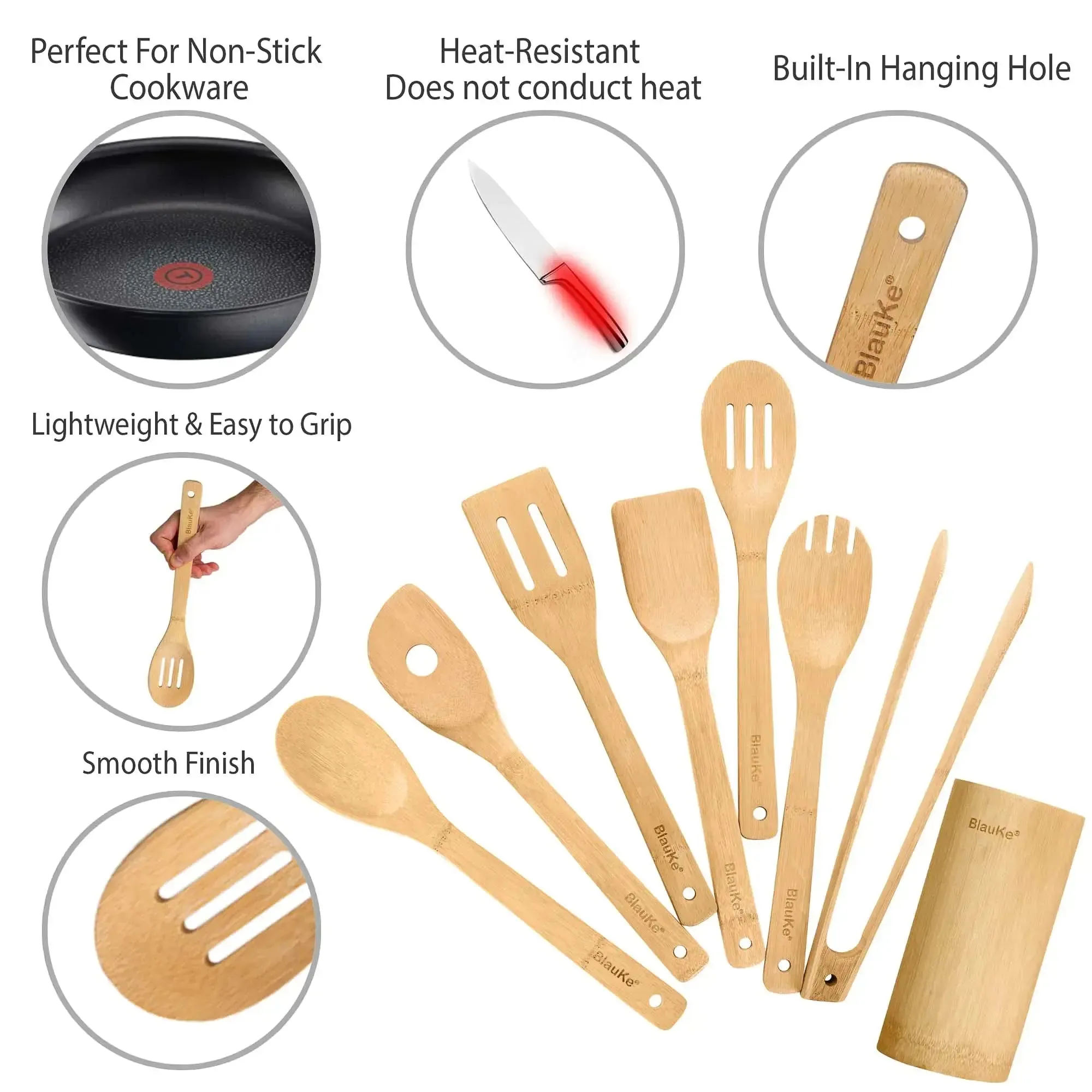 Bamboo Kitchen Utensils Set 8-Pack - Nonstick Wooden Cooking Tools