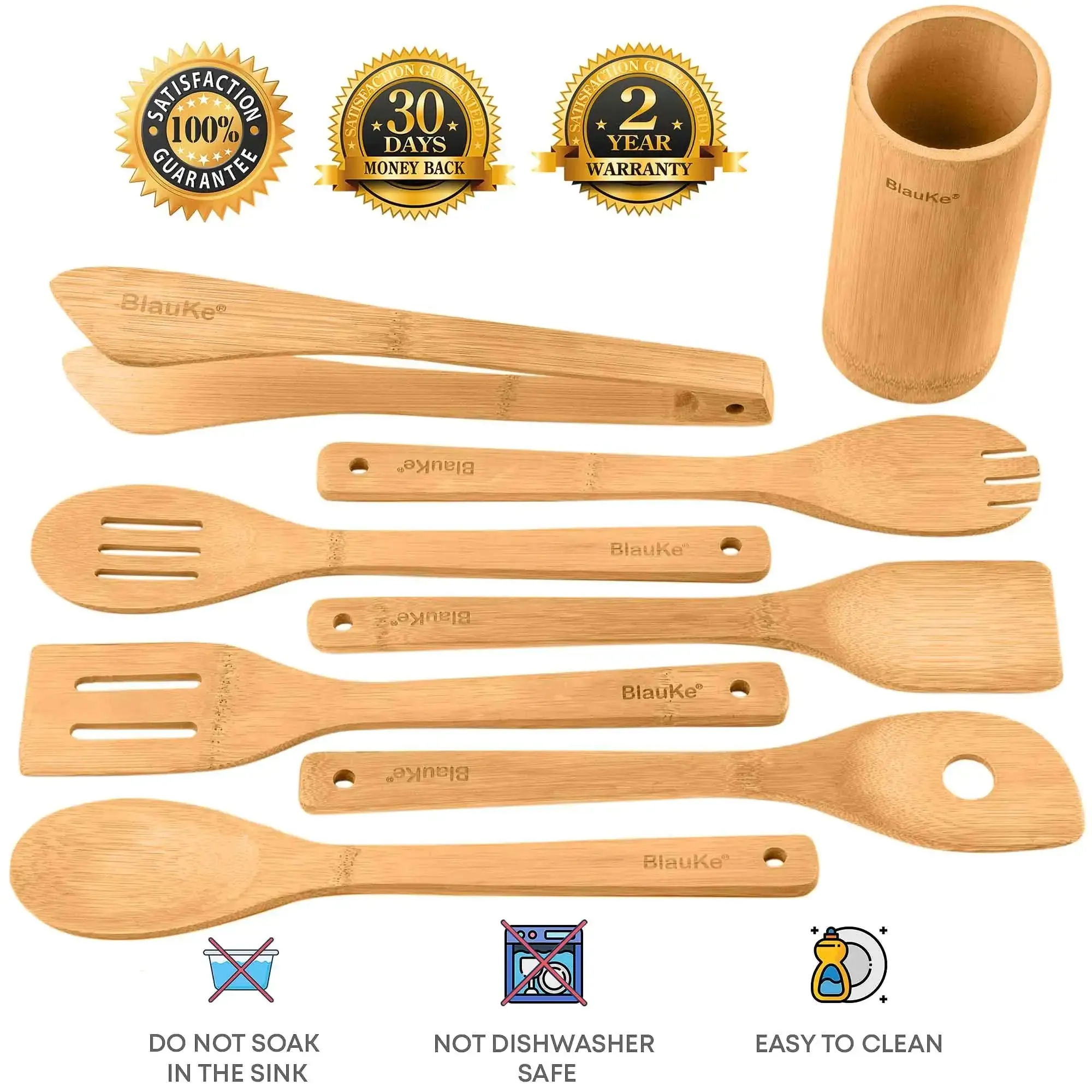Bamboo Kitchen Utensils Set 8-Pack - Nonstick Wooden Cooking Tools