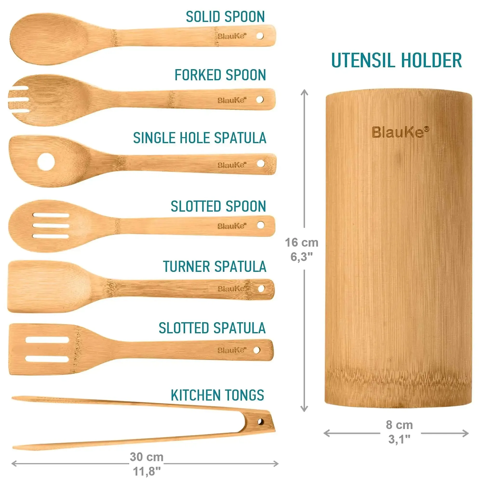 Bamboo Kitchen Utensils Set 8-Pack - Nonstick Wooden Cooking Tools