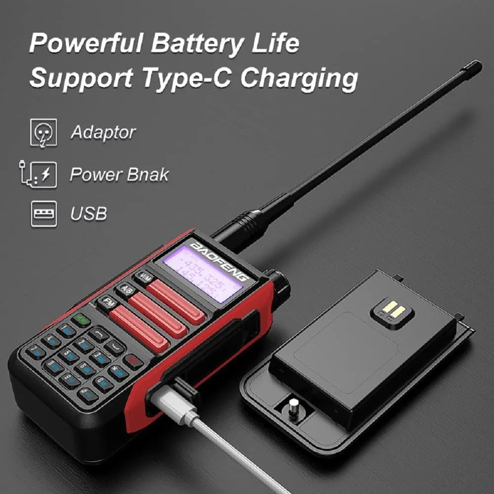BAOFENG UV-16R Walkie Talkie USB-C 10W with Programming Cable Waterproof Two Way Radio Long Range Dual Band Professional Handheld Radio Type-c Red