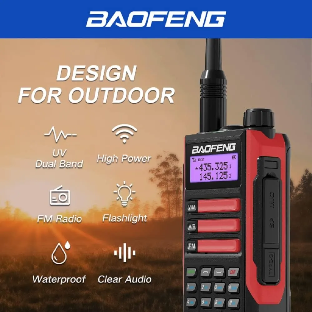 BAOFENG UV-16R Walkie Talkie USB-C 10W with Programming Cable Waterproof Two Way Radio Long Range Dual Band Professional Handheld Radio Type-c Red