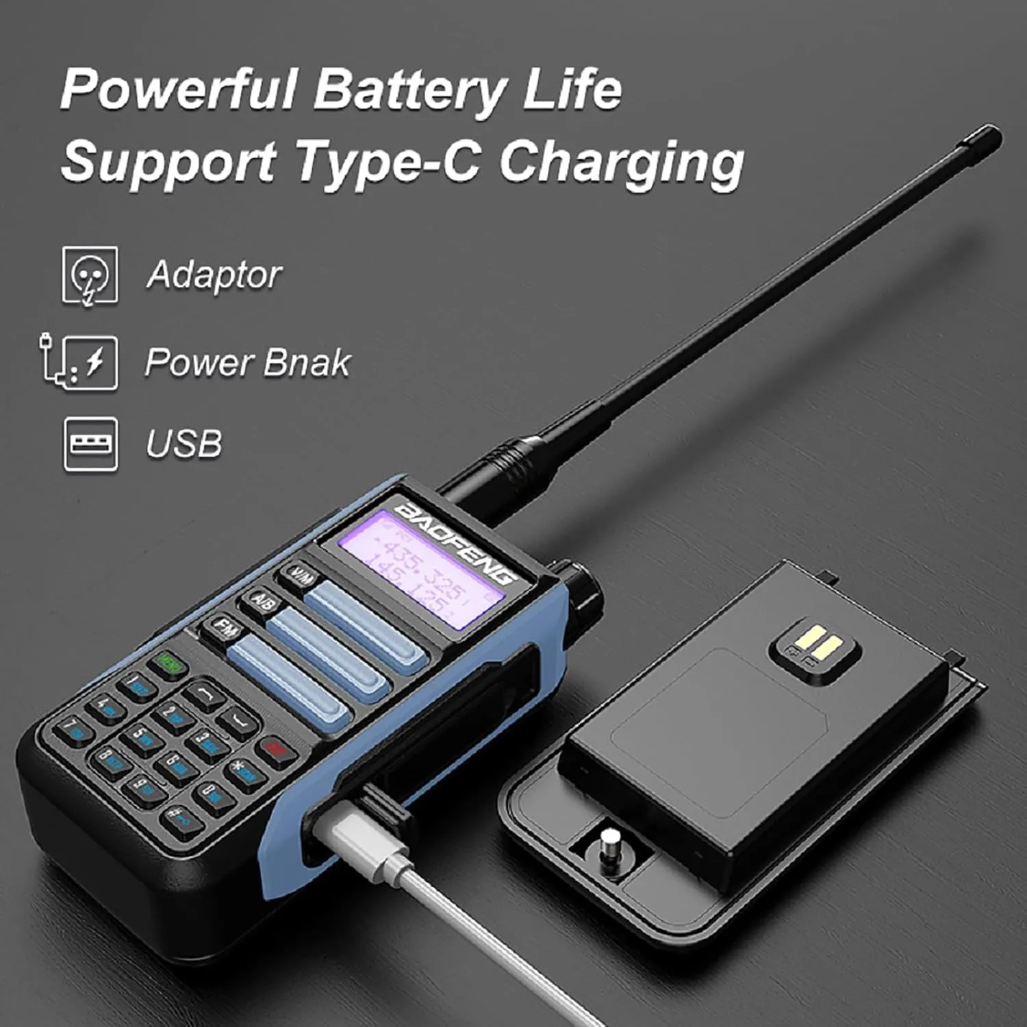 BAOFENG UV-16R Walkie Talkie USB-C Charger 10W Waterproof Two Way Radio Long Range Dual Band Handheld Radio Type-c with 18.89in Tactical Antenna