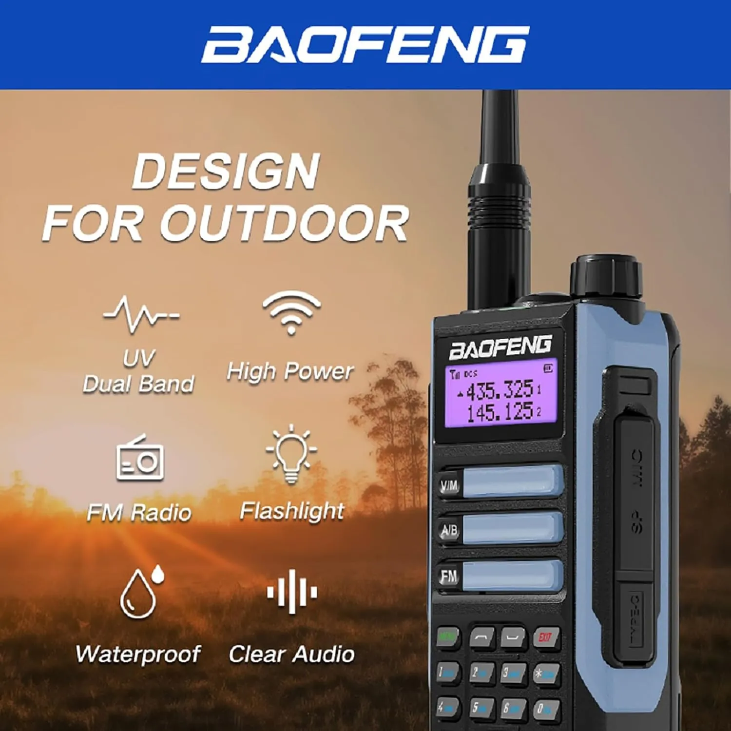 BAOFENG UV-16R Walkie Talkie USB-C Charger 10W Waterproof Two Way Radio Long Range Dual Band Handheld Radio Type-c with 18.89in Tactical Antenna