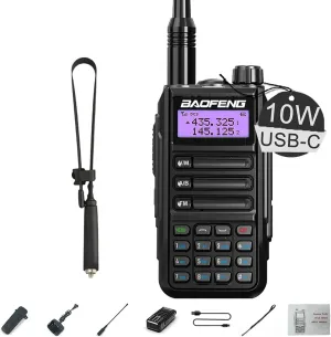 BAOFENG UV-16R Walkie Talkie USB-C Charger 10W Waterproof Two Way Radio Long Range Dual Band Handheld Radio Type-c with 18.89in Tactical Antenna