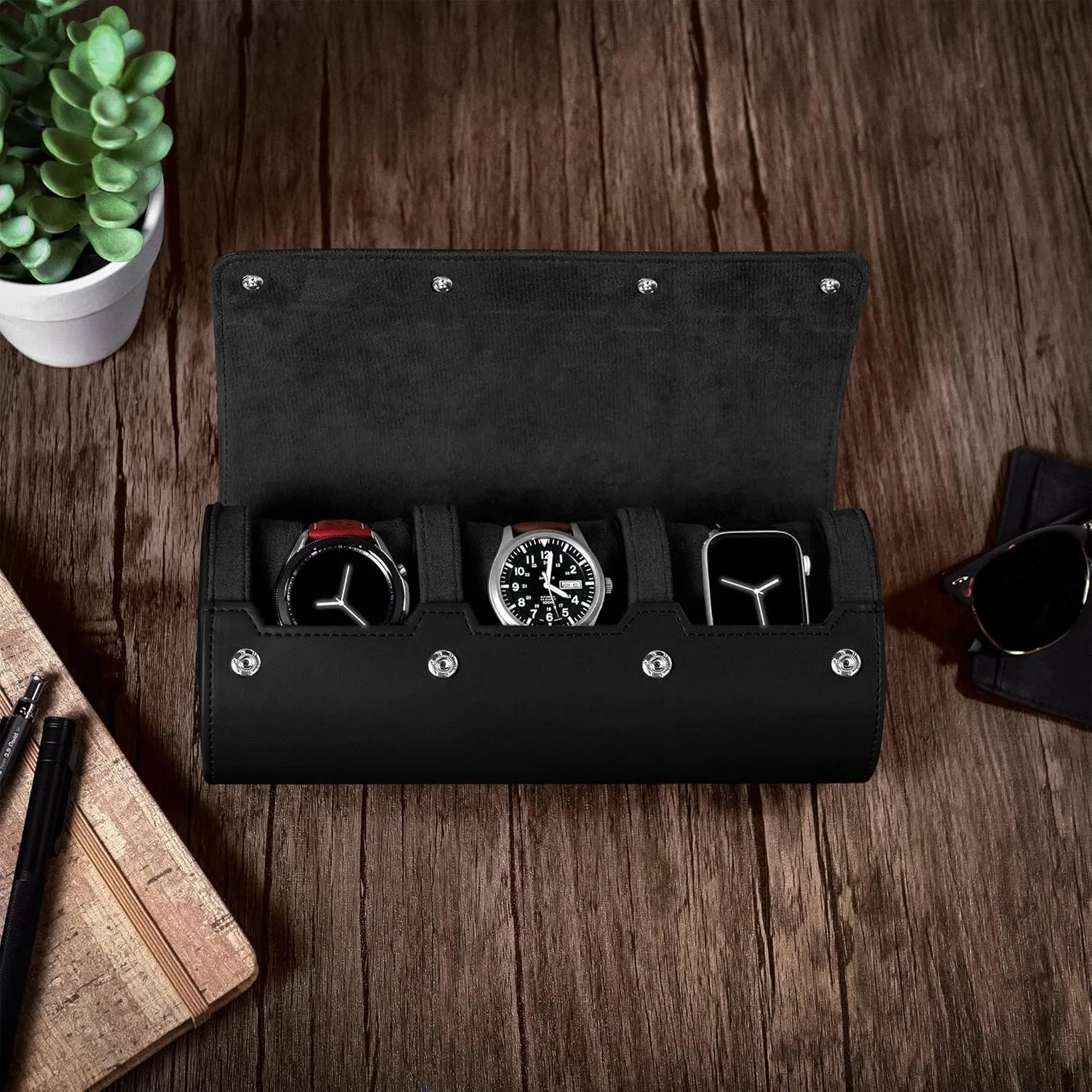 Barton Leather Watch Roll for 3 Watches | Convenient Organizer Case for Travel & Storage | Fits Classic & Smart Watches (Up to 46mm) | Compact, Durable, Lightweight, Stylish - Black