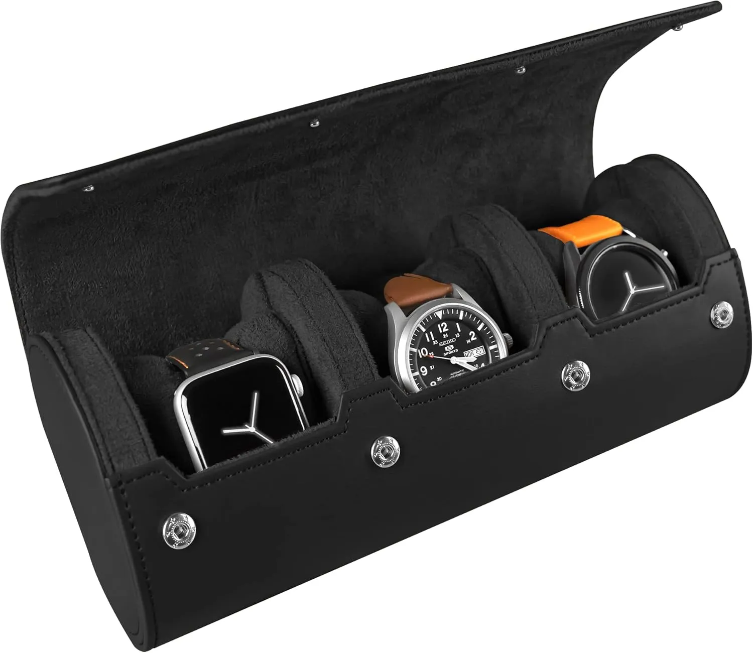 Barton Leather Watch Roll for 3 Watches | Convenient Organizer Case for Travel & Storage | Fits Classic & Smart Watches (Up to 46mm) | Compact, Durable, Lightweight, Stylish - Black