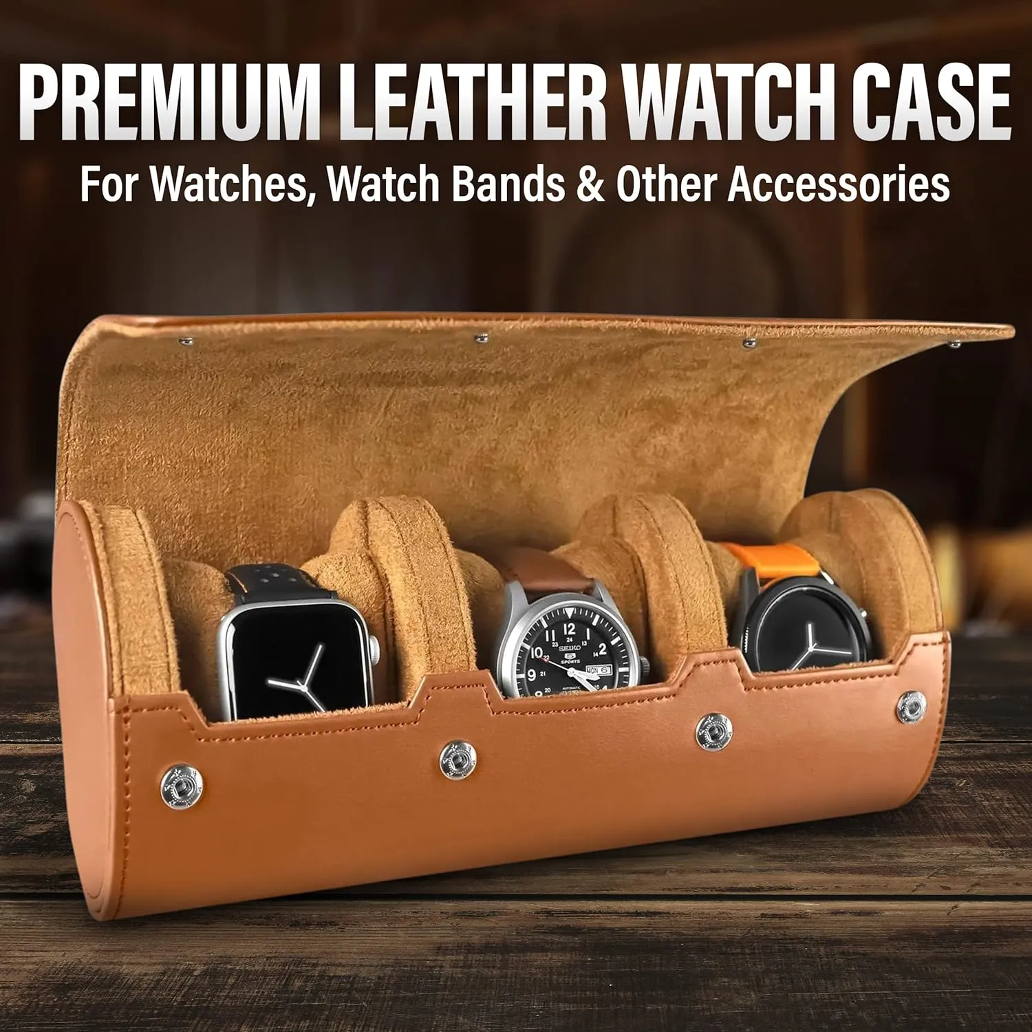 Barton Leather Watch Roll for 3 Watches | Convenient Organizer Case for Travel & Storage | Fits Classic & Smart Watches (Up to 46mm) | Compact, Durable, Lightweight, Stylish - Brown