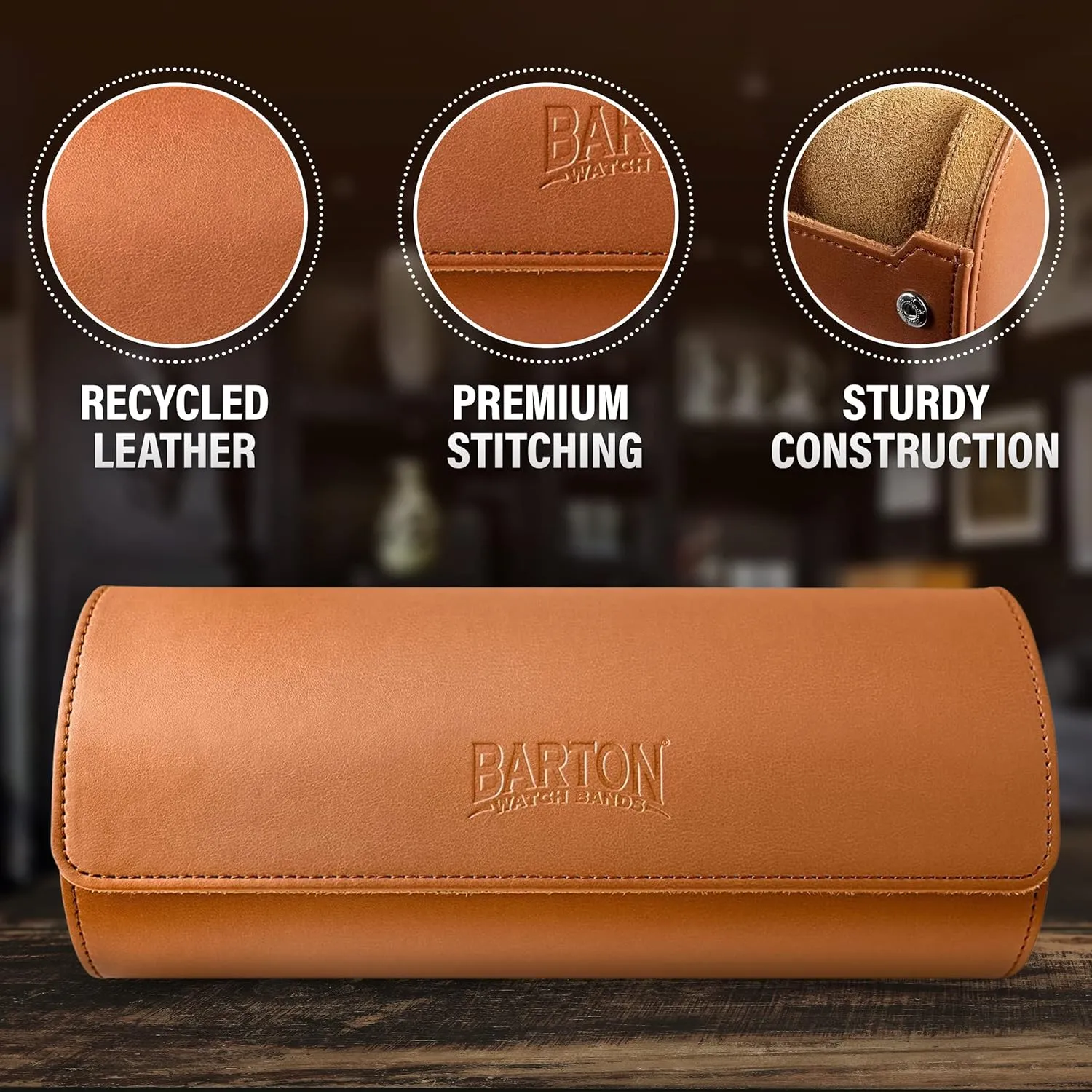 Barton Leather Watch Roll for 3 Watches | Convenient Organizer Case for Travel & Storage | Fits Classic & Smart Watches (Up to 46mm) | Compact, Durable, Lightweight, Stylish - Brown
