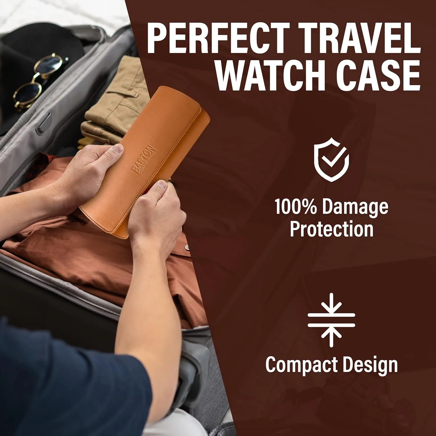 Barton Leather Watch Roll for 3 Watches | Convenient Organizer Case for Travel & Storage | Fits Classic & Smart Watches (Up to 46mm) | Compact, Durable, Lightweight, Stylish - Brown