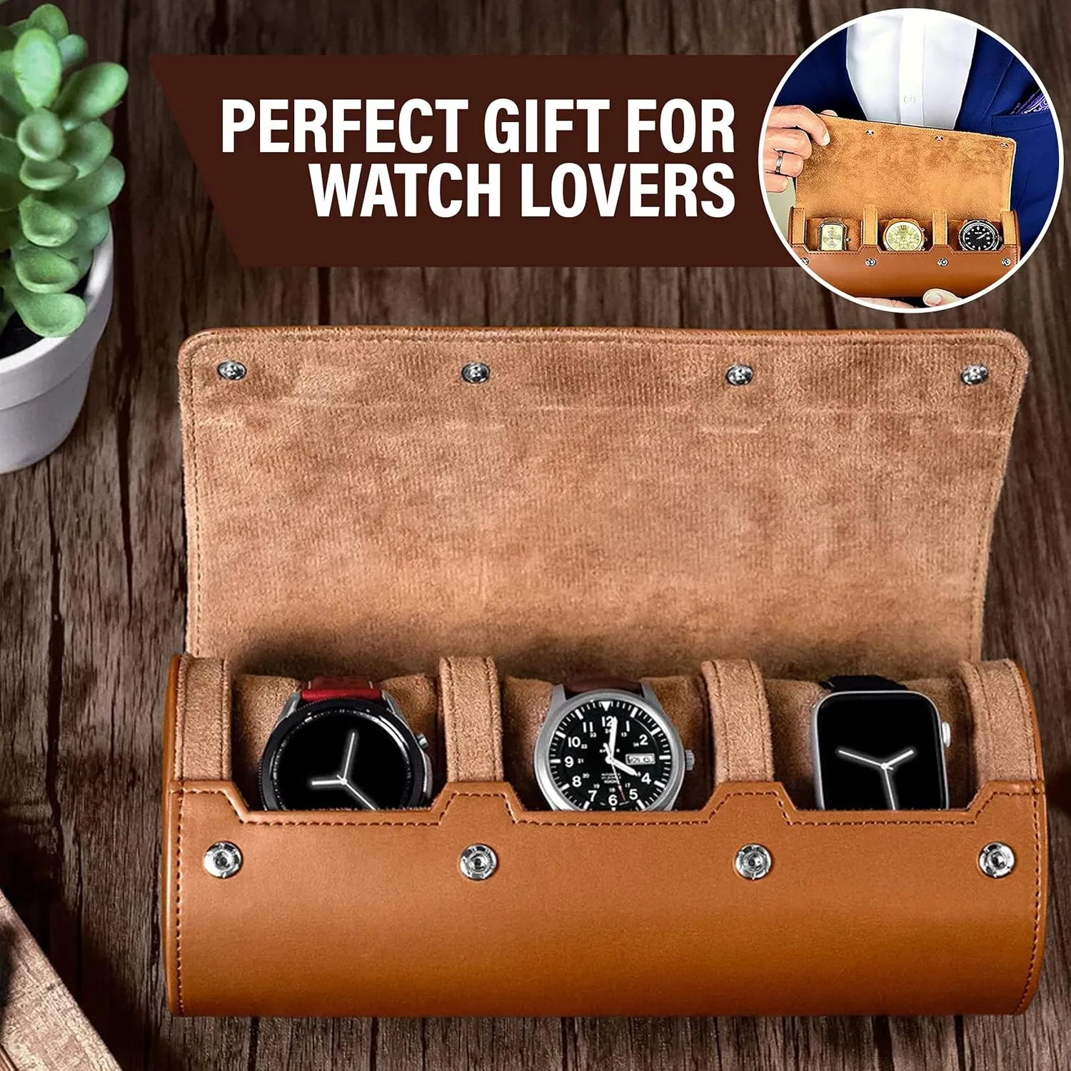 Barton Leather Watch Roll for 3 Watches | Convenient Organizer Case for Travel & Storage | Fits Classic & Smart Watches (Up to 46mm) | Compact, Durable, Lightweight, Stylish - Brown
