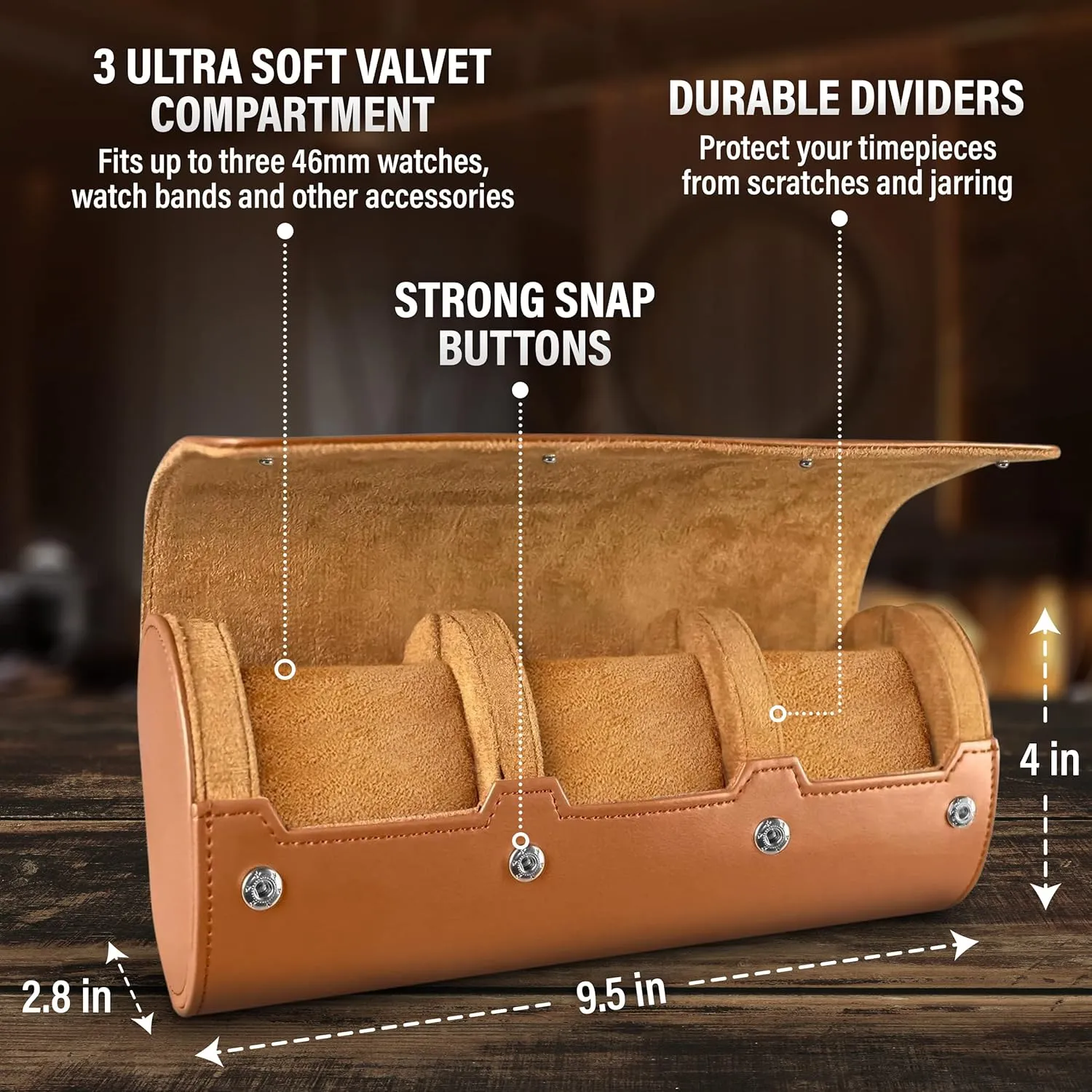 Barton Leather Watch Roll for 3 Watches | Convenient Organizer Case for Travel & Storage | Fits Classic & Smart Watches (Up to 46mm) | Compact, Durable, Lightweight, Stylish - Brown