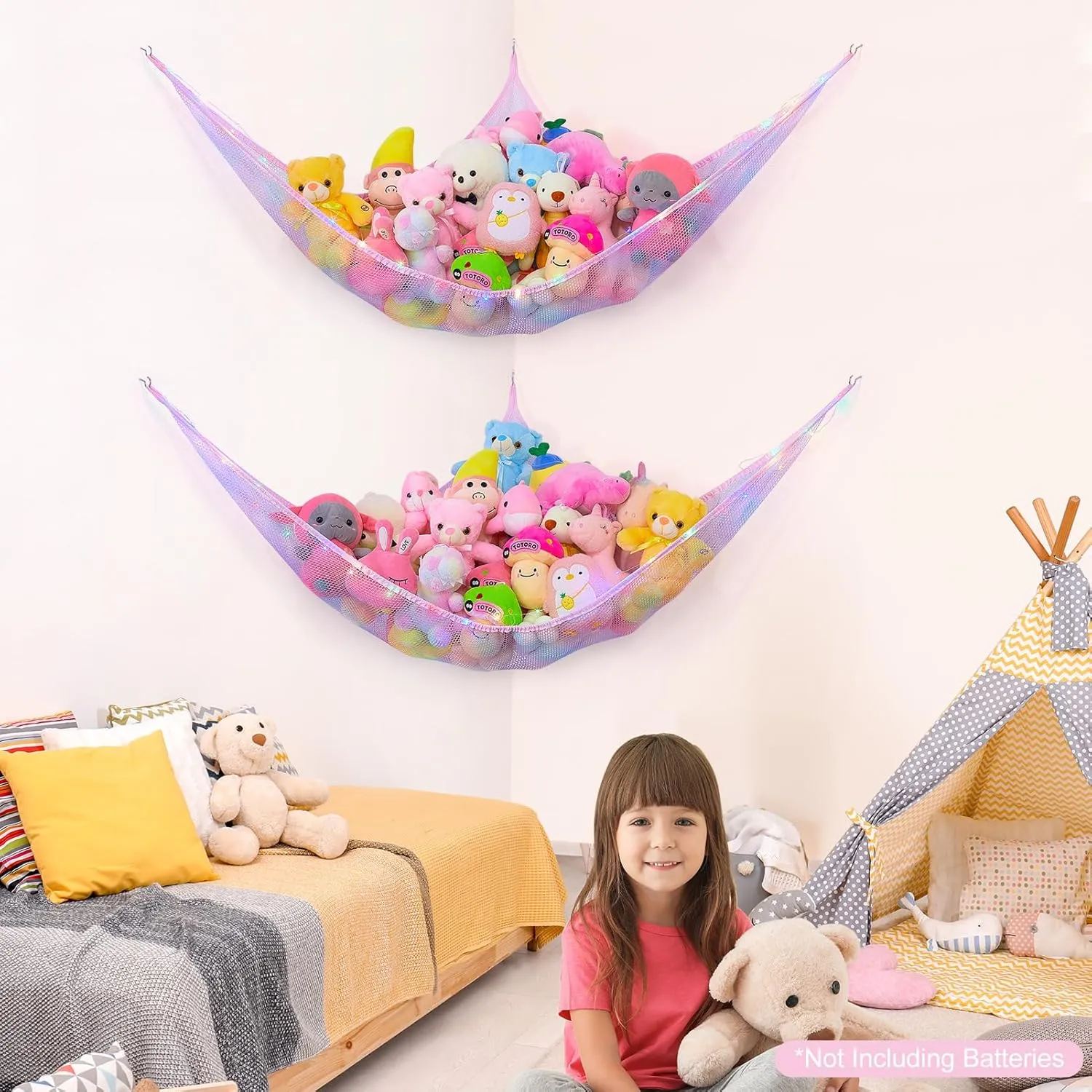 Basumee Stuffed Animals Net or Hammock with LED Light Hanging Toy Net Hammock for Stuffed Animals Storage Stuff Animals Hammocks for Nursery Kids Room with Remote Control, 8 Kinds of Lights(Pack of 2)