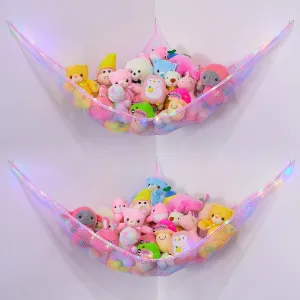 Basumee Stuffed Animals Net or Hammock with LED Light Hanging Toy Net Hammock for Stuffed Animals Storage Stuff Animals Hammocks for Nursery Kids Room with Remote Control, 8 Kinds of Lights(Pack of 2)