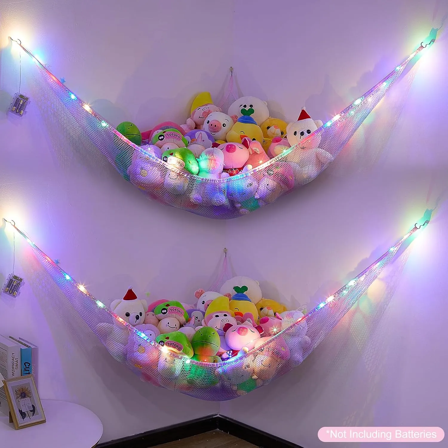 Basumee Stuffed Animals Net or Hammock with LED Light Hanging Toy Net Hammock for Stuffed Animals Storage Stuff Animals Hammocks for Nursery Kids Room with Remote Control, 8 Kinds of Lights(Pack of 2)