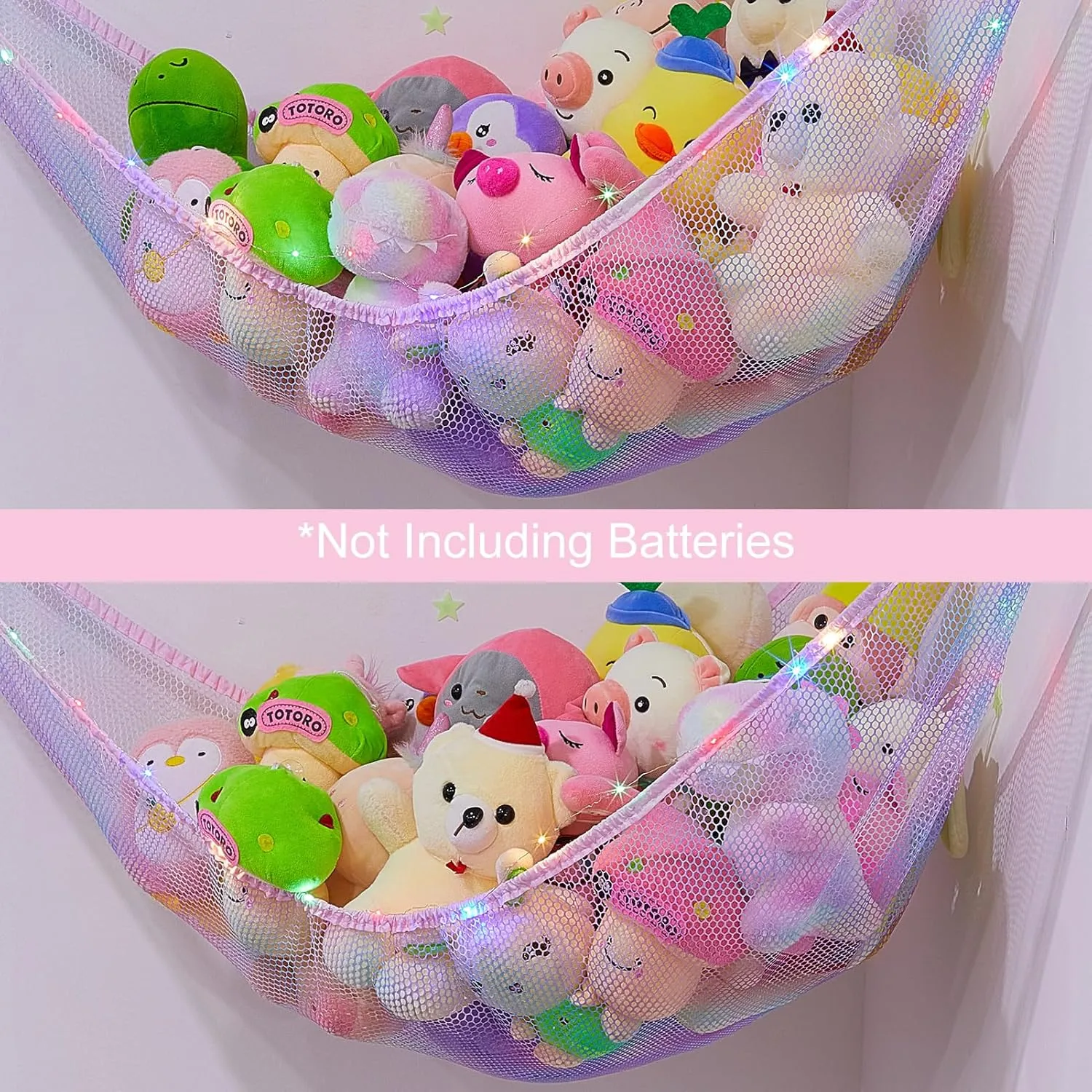 Basumee Stuffed Animals Net or Hammock with LED Light Hanging Toy Net Hammock for Stuffed Animals Storage Stuff Animals Hammocks for Nursery Kids Room with Remote Control, 8 Kinds of Lights(Pack of 2)