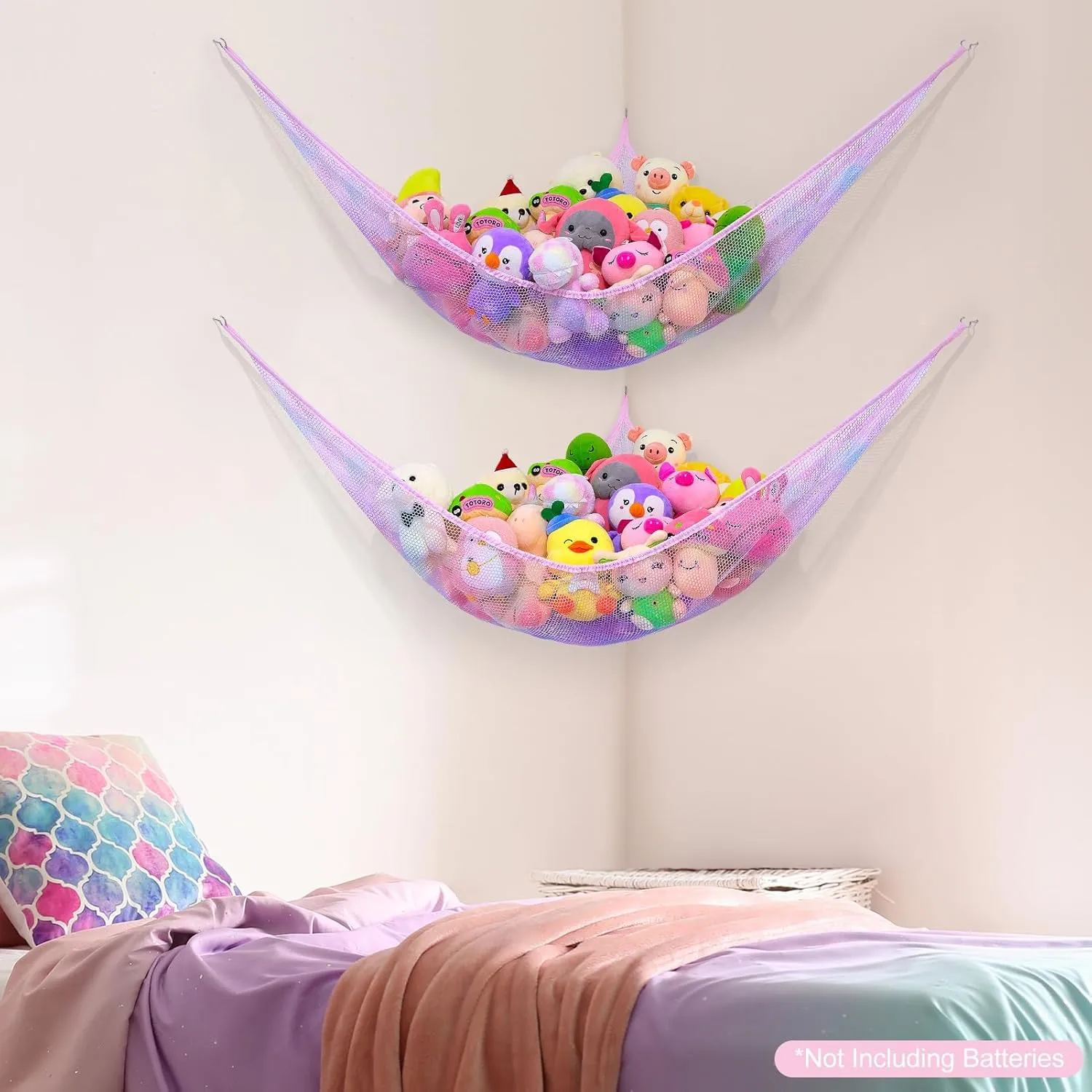 Basumee Stuffed Animals Net or Hammock with LED Light Hanging Toy Net Hammock for Stuffed Animals Storage Stuff Animals Hammocks for Nursery Kids Room with Remote Control, 8 Kinds of Lights(Pack of 2)