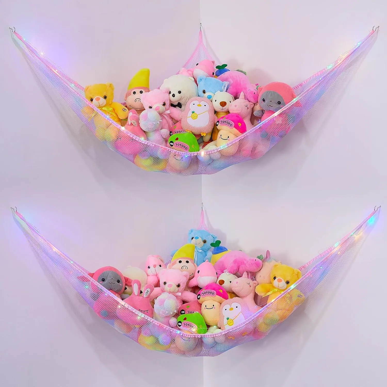 Basumee Stuffed Animals Net or Hammock with LED Light Hanging Toy Net Hammock for Stuffed Animals Storage Stuff Animals Hammocks for Nursery Kids Room with Remote Control, 8 Kinds of Lights(Pack of 2)