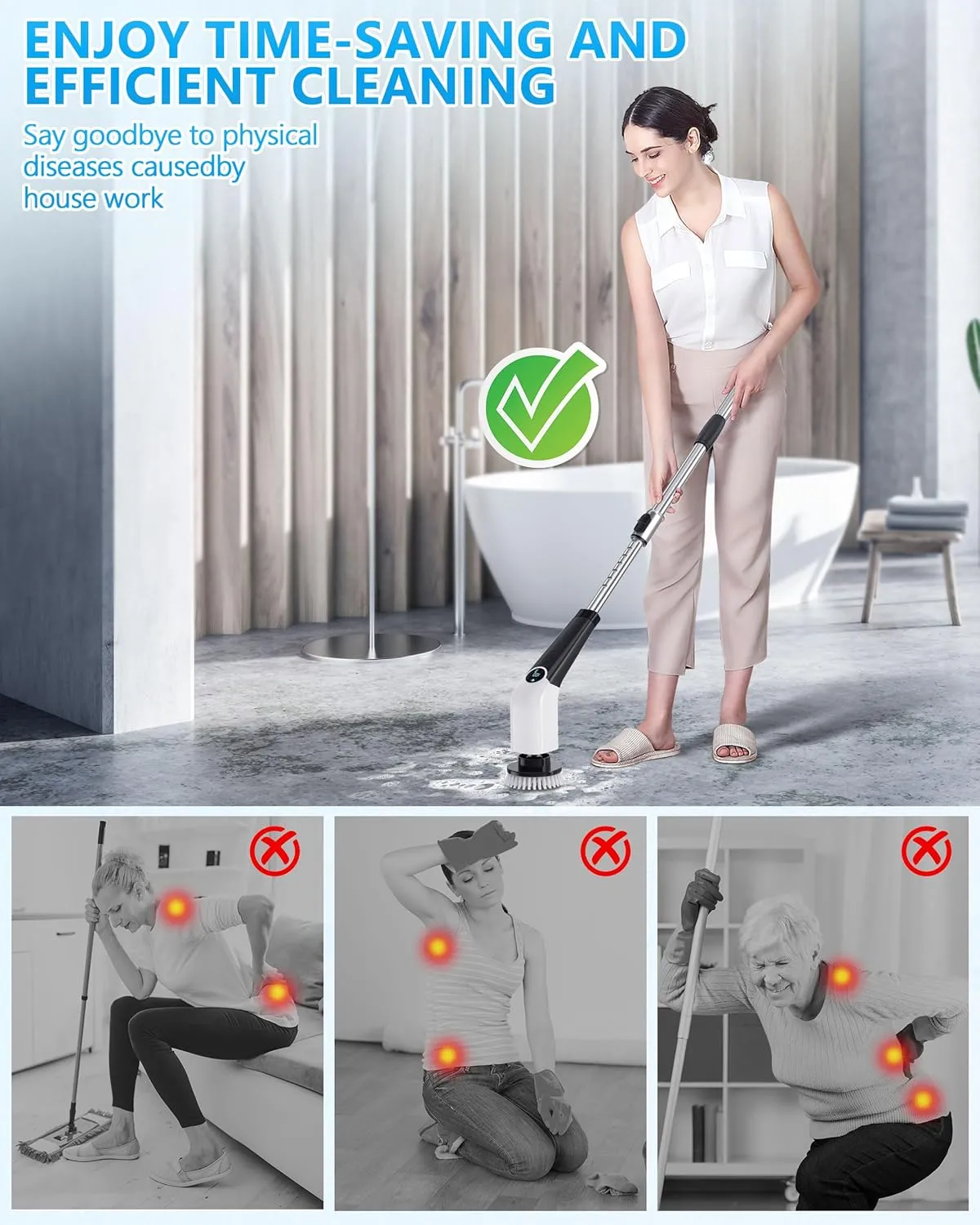 Bathroom Scrubber Electric Electric Spin Scrubber with 8-in-1 Replaceable Brush Heads Electric Brush Cleaner for Bathroom with Power LCD Display, 3 Adjustable Speed
