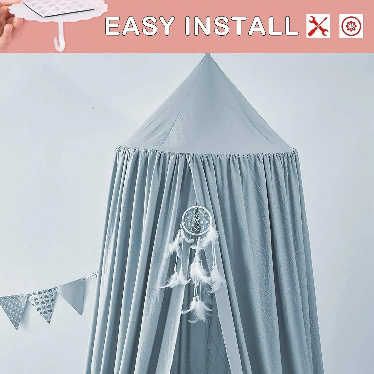 Bed Canopy for Kids, Round Dome Kids Mosquito Net Indoor Outdoor Castle Hanging House Decoration Reading Nook Kids Playing Home Decoration(Ashy Blue)
