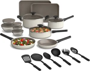 bella 21 Piece Kitchen Set with EverGood™ Ceramic Nonstick Coating​, Dishwasher & Oven Safe, All Stovetops Compatible, Tempered Glass Lids & Cool Touch Handles, Oatmilk