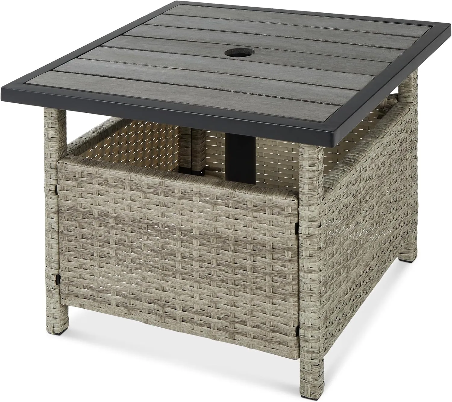 Best Choice Products Wicker Side Table with Umbrella Hole, Square PE Rattan Outdoor End Table for Patio, Garden, Poolside, Deck w/UV-Resistant Frame, Storage Space - Gray