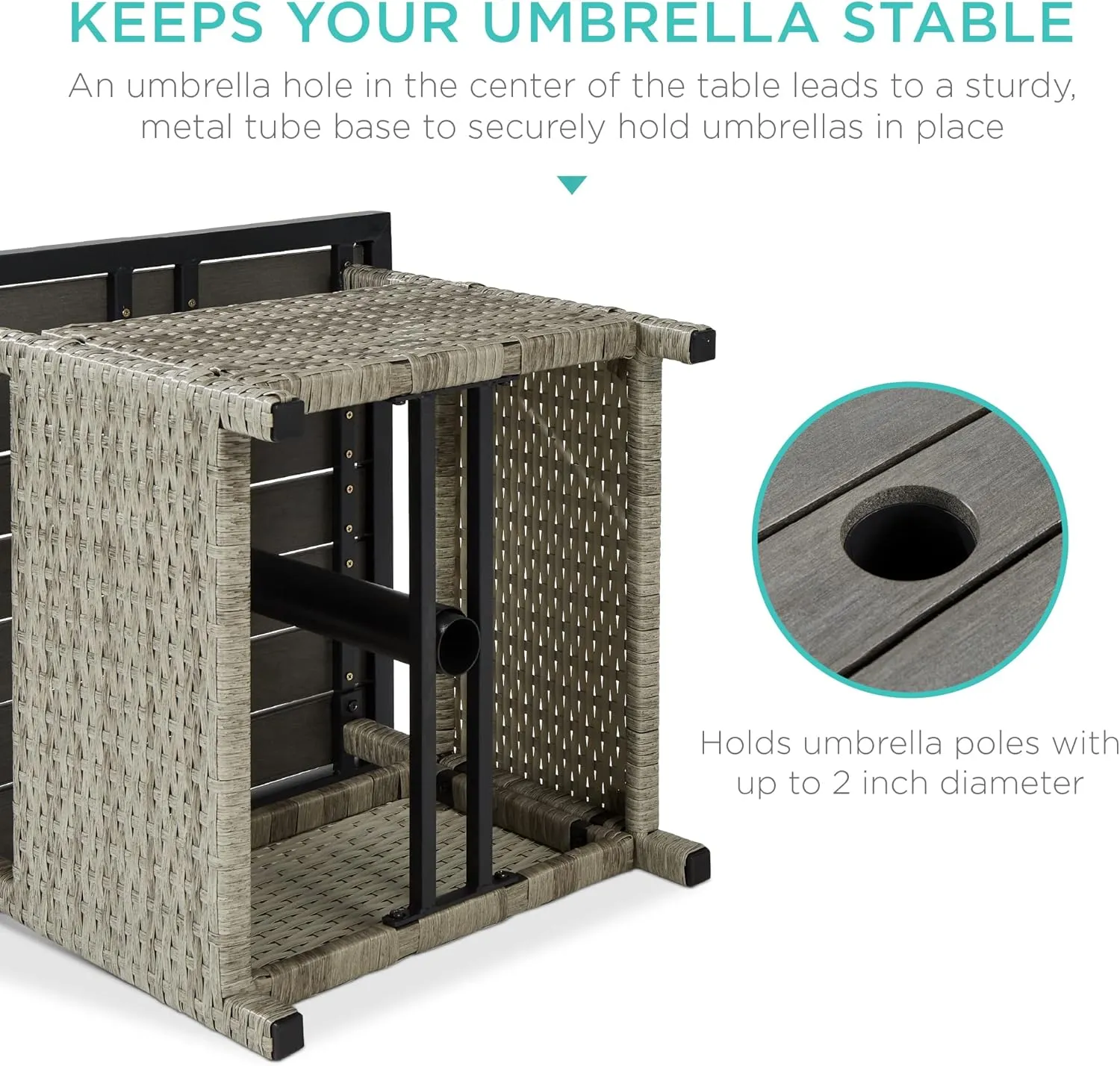 Best Choice Products Wicker Side Table with Umbrella Hole, Square PE Rattan Outdoor End Table for Patio, Garden, Poolside, Deck w/UV-Resistant Frame, Storage Space - Gray