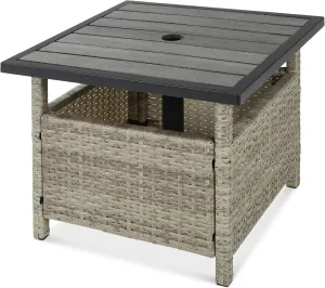 Best Choice Products Wicker Side Table with Umbrella Hole, Square PE Rattan Outdoor End Table for Patio, Garden, Poolside, Deck w/UV-Resistant Frame, Storage Space - Gray