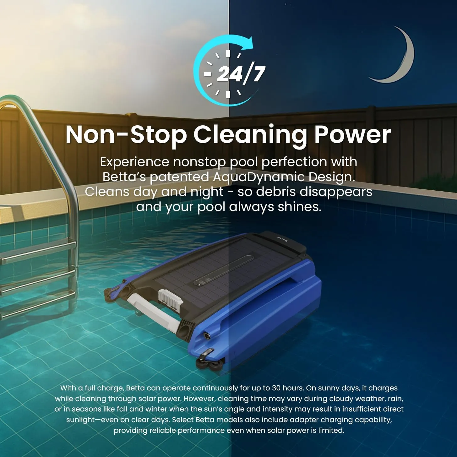 Betta SE Solar-Powered Robotic Automatic Pool Skimmer Cleaner with Carrying and Storage Bag, 24/7 Continuous Cleaning Power, Pool Skimmer Anti-Stuck Foam Noodle, and Twin SCT Motors (Blue)