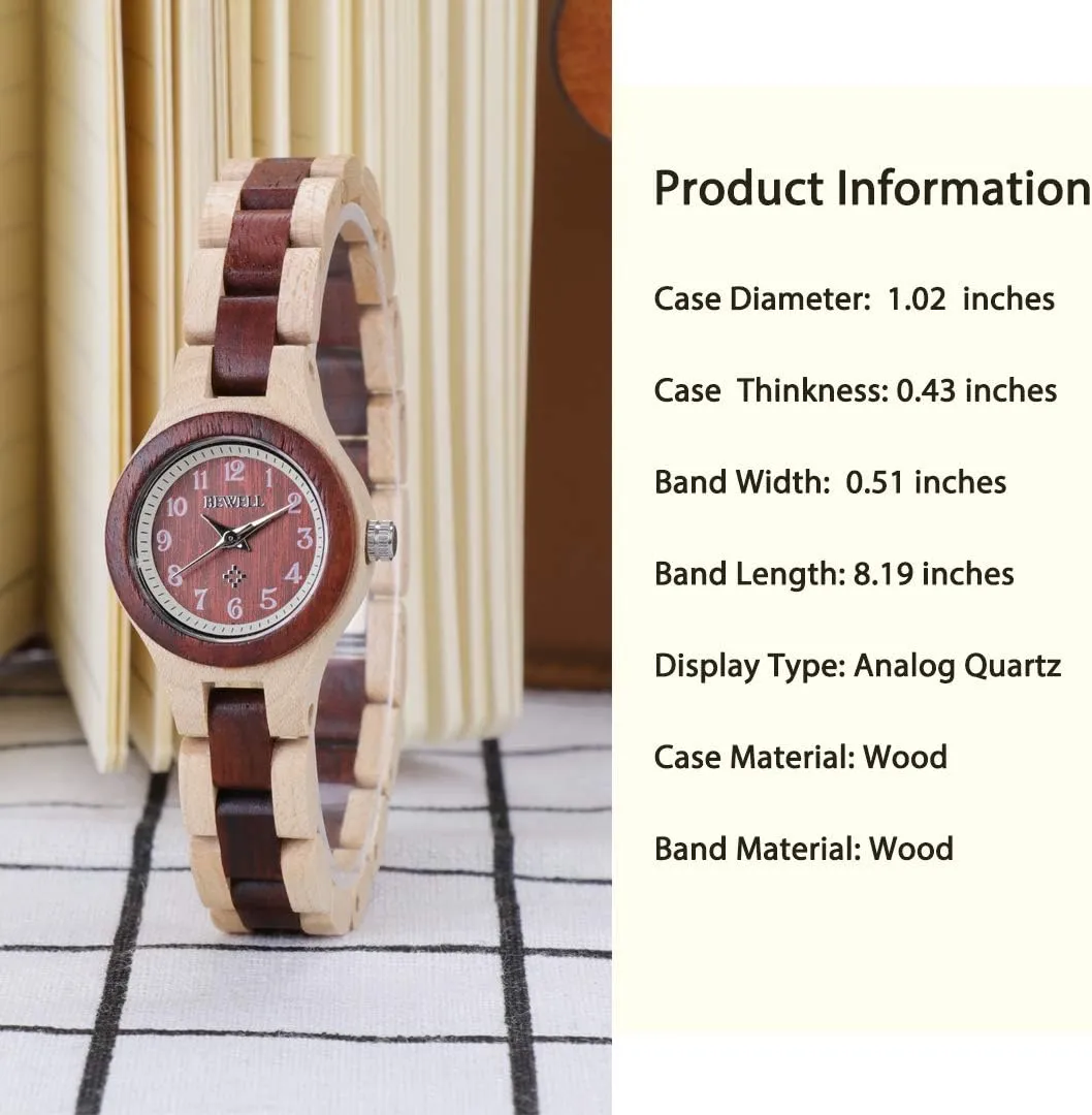 BEWELL Wood Watch Women Analog Quartz Handmade Lightweight Dress Wristwatches with Small Dial
