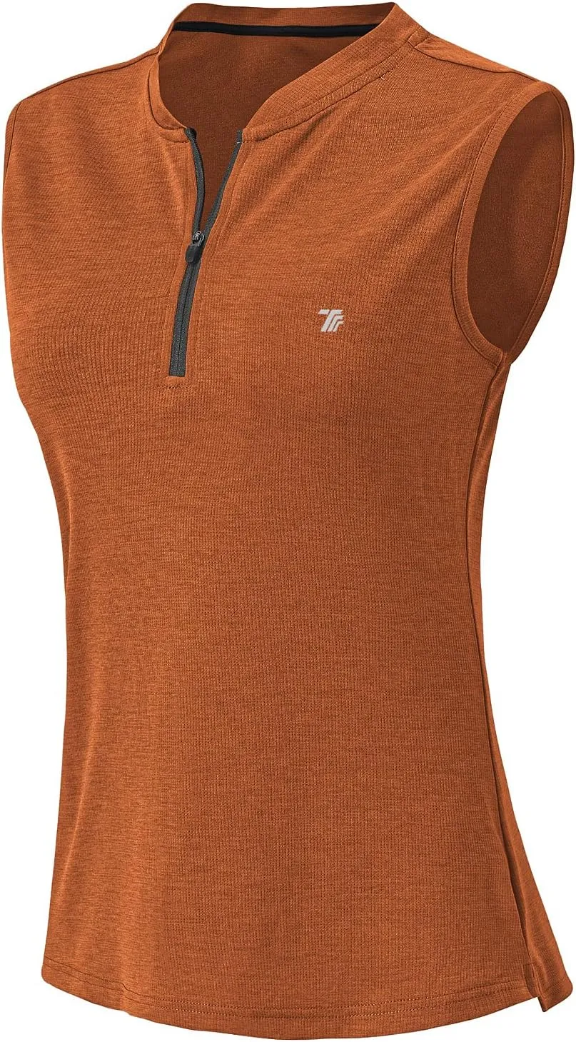 BGOWATU Women's Golf Polo Shirts Sleeveless Zip Up Collarless UPF 50  Tennis T-Shirt Lightweight Quick Dry
