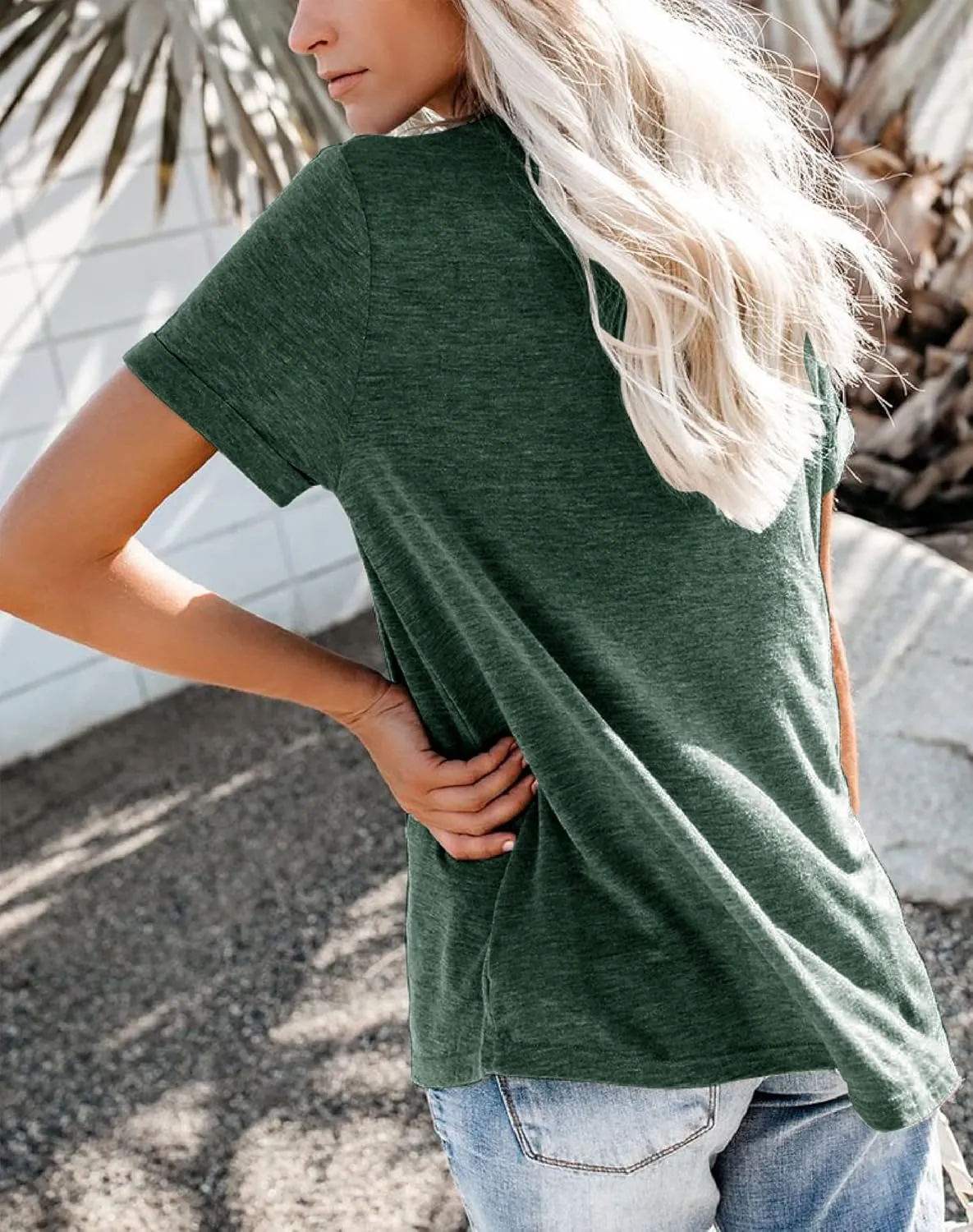 Bingerlily Women's Roll Up Short Sleeve T Shirts Crew Neck Tops Loose Causal Tees with Pocket