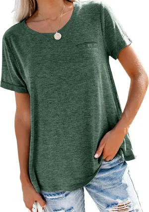 Bingerlily Women's Roll Up Short Sleeve T Shirts Crew Neck Tops Loose Causal Tees with Pocket