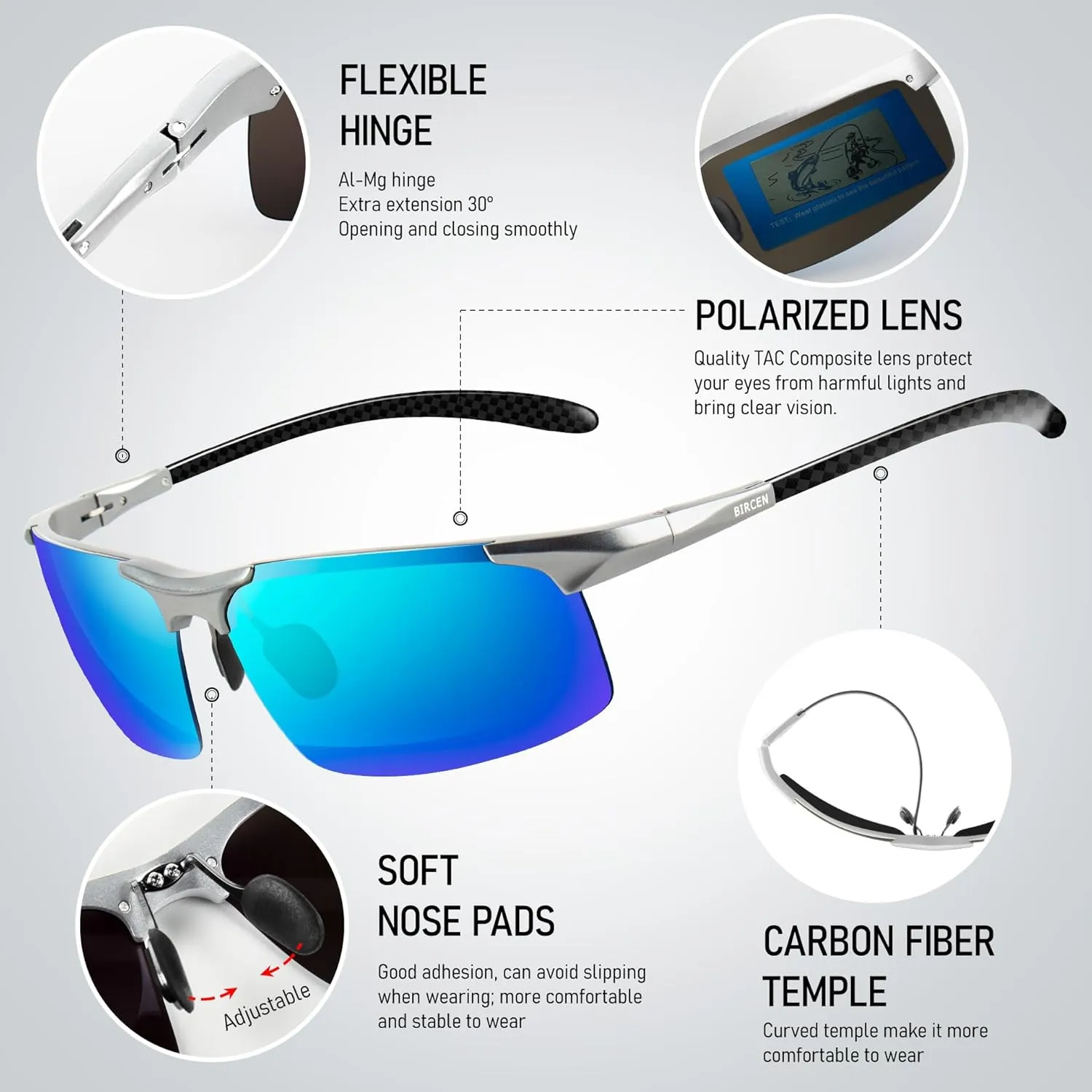 BIRCEN Polarized Carbon-Fiber Sunglasses for Men: Ultralight UV Protection Sun Glasses for Outdoor Sports Fishing Golf Hiking