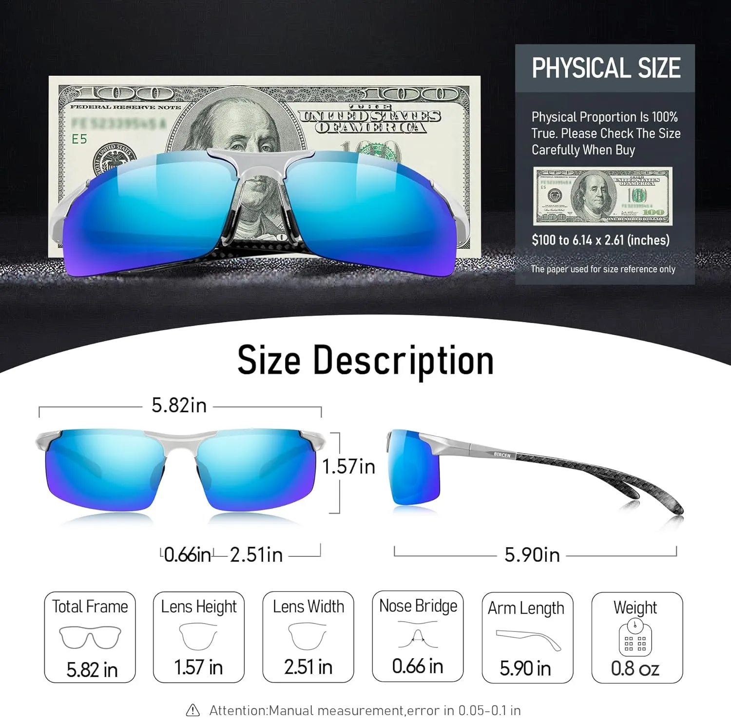 BIRCEN Polarized Carbon-Fiber Sunglasses for Men: Ultralight UV Protection Sun Glasses for Outdoor Sports Fishing Golf Hiking