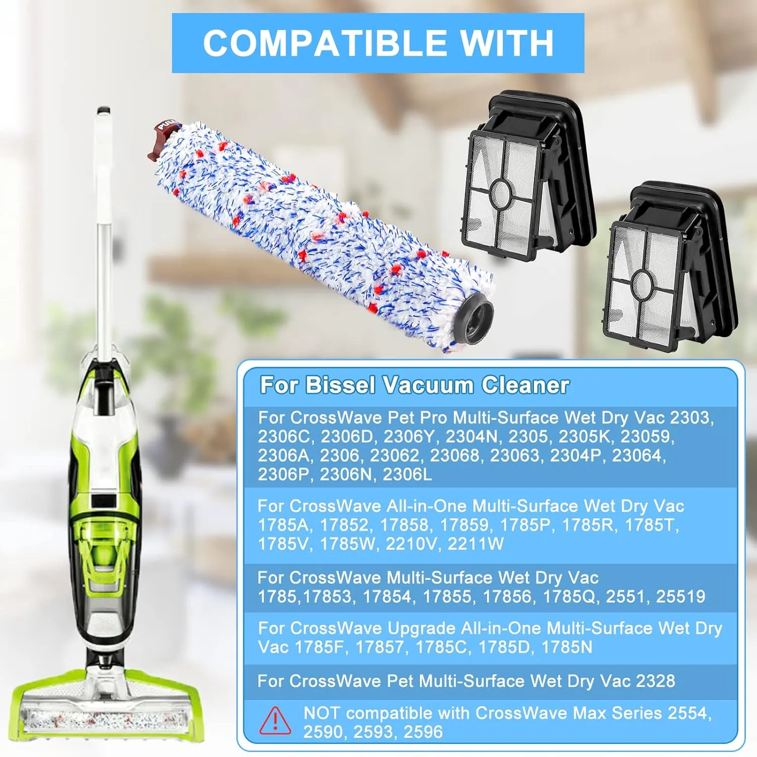 Bissell Crosswave Replacement Parts for Pet Pro 1785A 2306A 1785 Vacuum Cleaner - 2 Pack Brush Roll 1868 and 2 Pack Filters 1866 LUXRILIX