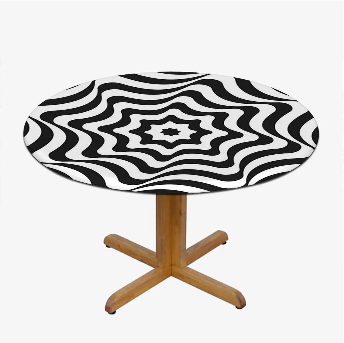 Black and White Round Table Cloth with Elastic Edged Curvy Lines Modern Mosaic Washable Waterproof Table Cover Tabletop Decoration Checkered Pattern Fits up 45"-50" Diameter Tables