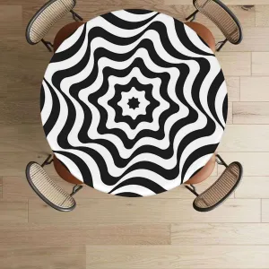Black and White Round Table Cloth with Elastic Edged Curvy Lines Modern Mosaic Washable Waterproof Table Cover Tabletop Decoration Checkered Pattern Fits up 45"-50" Diameter Tables