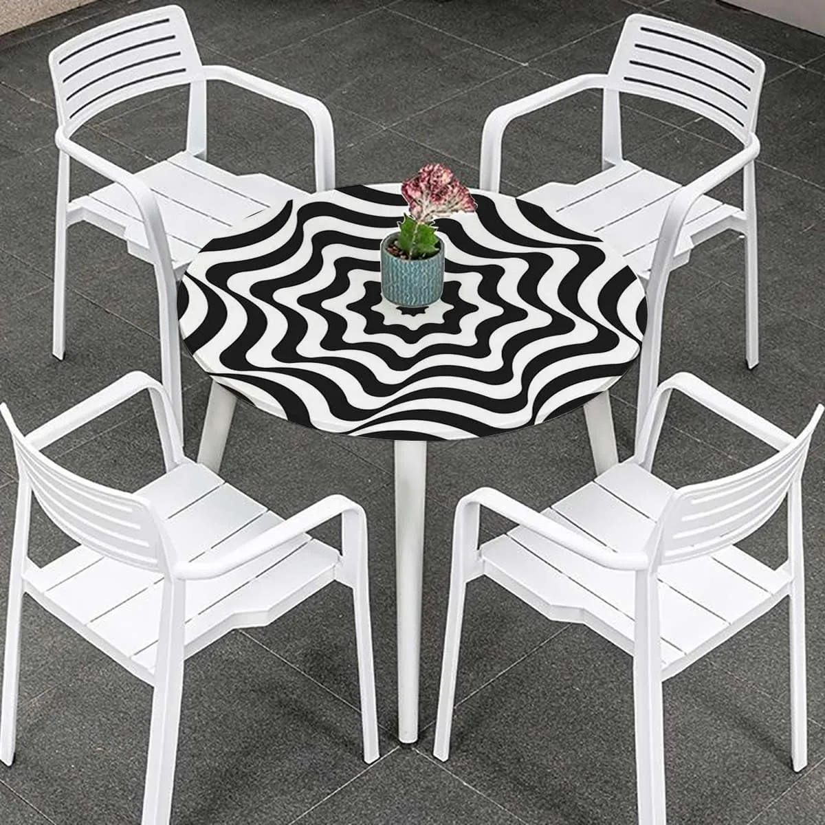 Black and White Round Table Cloth with Elastic Edged Curvy Lines Modern Mosaic Washable Waterproof Table Cover Tabletop Decoration Checkered Pattern Fits up 45"-50" Diameter Tables