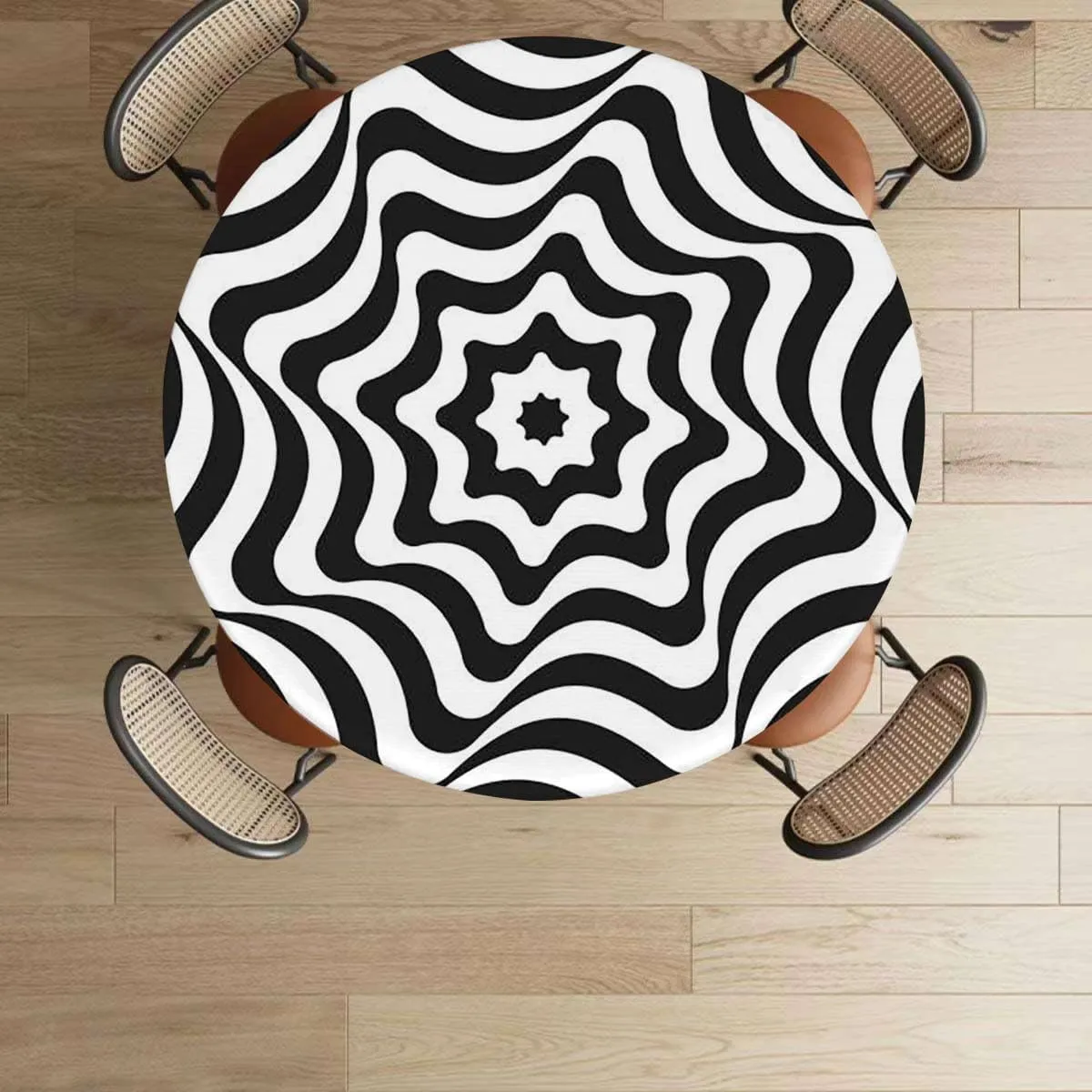 Black and White Round Table Cloth with Elastic Edged Curvy Lines Modern Mosaic Washable Waterproof Table Cover Tabletop Decoration Checkered Pattern Fits up 45"-50" Diameter Tables