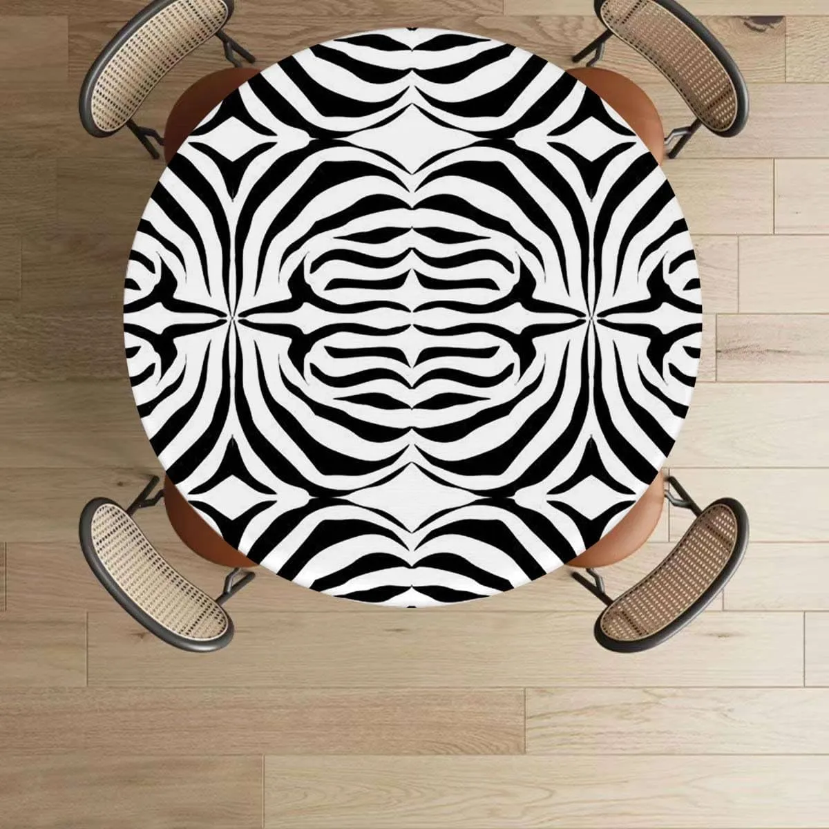 Black and White Round Waterproof Table Cover Elastic Tablecloth Curvy Lines Modern Mosaic Elastic Edged Table Cover, Round Tables Tablecloth Table Cloth Fits up 45"-50" Diameter Tables