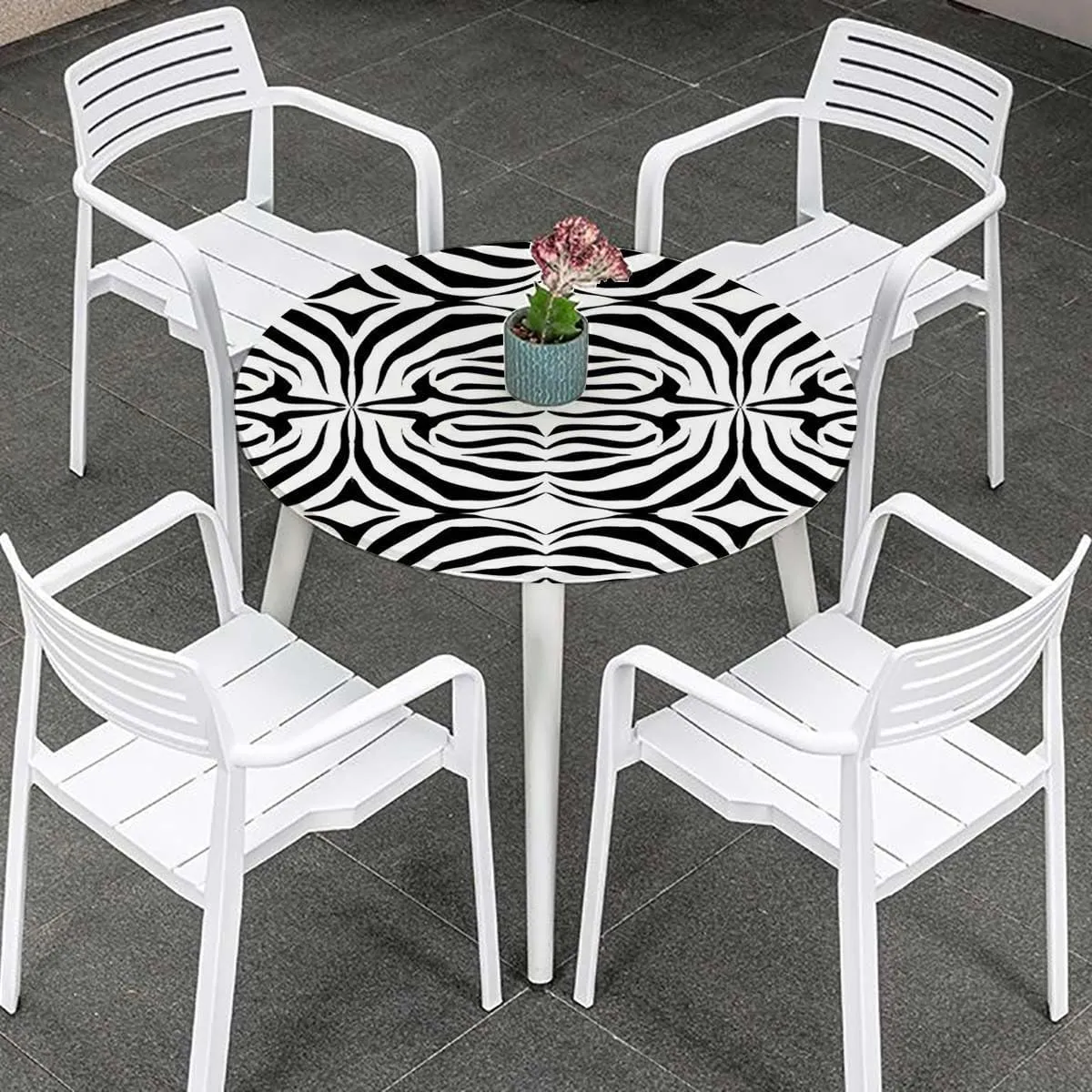 Black and White Round Waterproof Table Cover Elastic Tablecloth Curvy Lines Modern Mosaic Elastic Edged Table Cover, Round Tables Tablecloth Table Cloth Fits up 45"-50" Diameter Tables