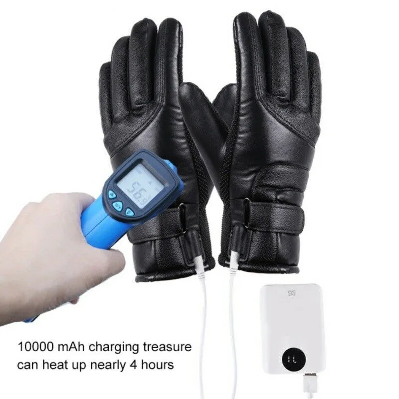 Black Waterproof USB Powered Heated Leather Gloves