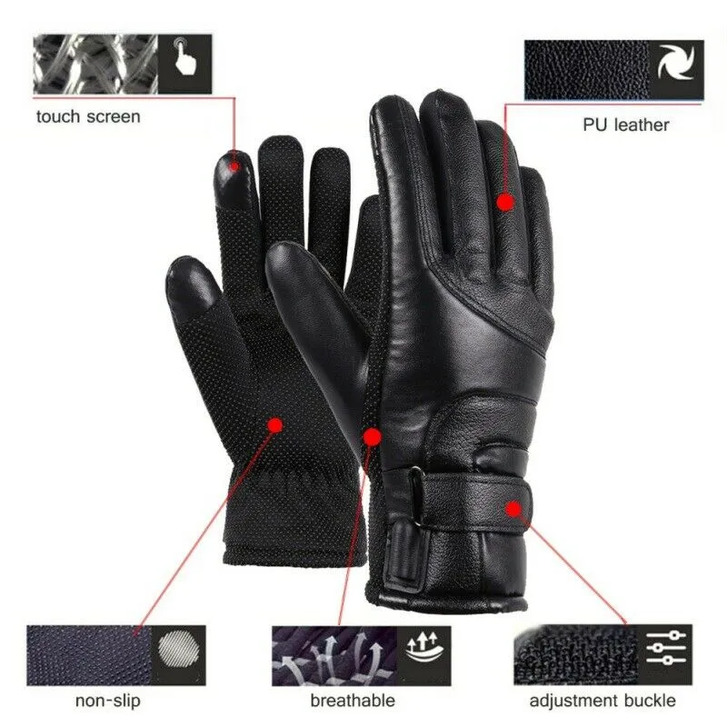 Black Waterproof USB Powered Heated Leather Gloves