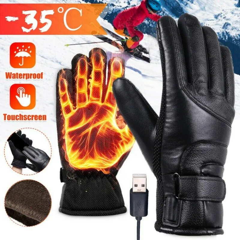 Black Waterproof USB Powered Heated Leather Gloves
