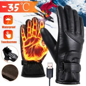 Black Waterproof USB Powered Heated Leather Gloves