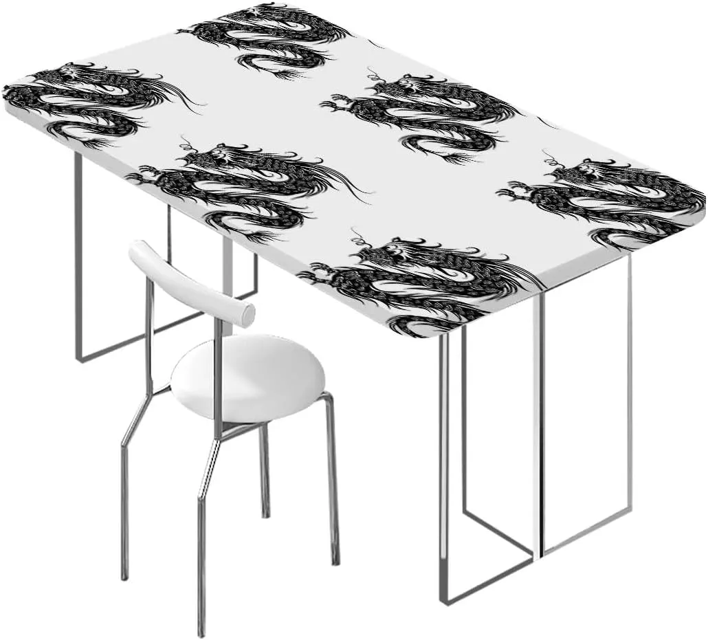 Black White Fitted Table Cover for Square Tables Dragon Antique Paper Style Picnic Fitted Tablecloth Rectangle Table Cover Japanese Fits up 4 Foot Tables
