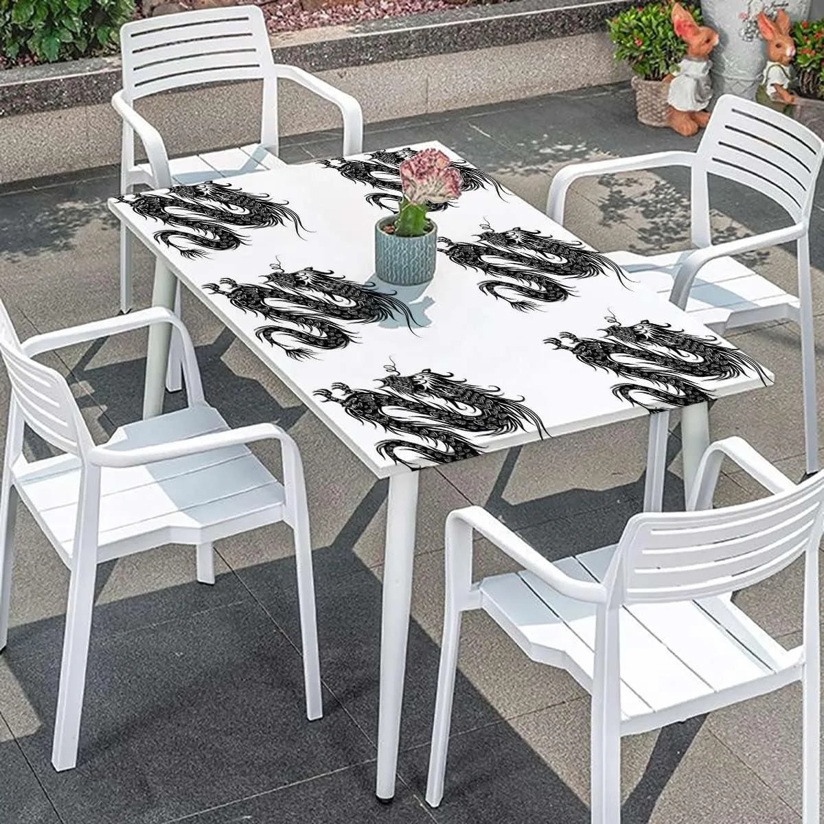 Black White Fitted Table Cover for Square Tables Dragon Antique Paper Style Picnic Fitted Tablecloth Rectangle Table Cover Japanese Fits up 4 Foot Tables