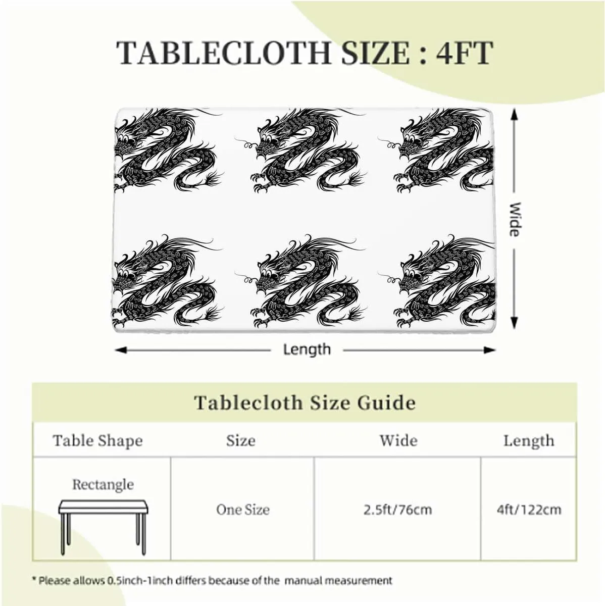 Black White Fitted Table Cover for Square Tables Dragon Antique Paper Style Picnic Fitted Tablecloth Rectangle Table Cover Japanese Fits up 4 Foot Tables