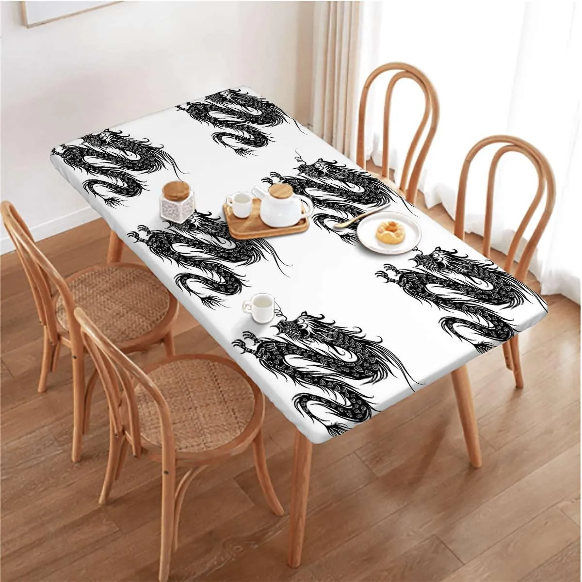 Black White Fitted Table Cover for Square Tables Dragon Antique Paper Style Picnic Fitted Tablecloth Rectangle Table Cover Japanese Fits up 4 Foot Tables